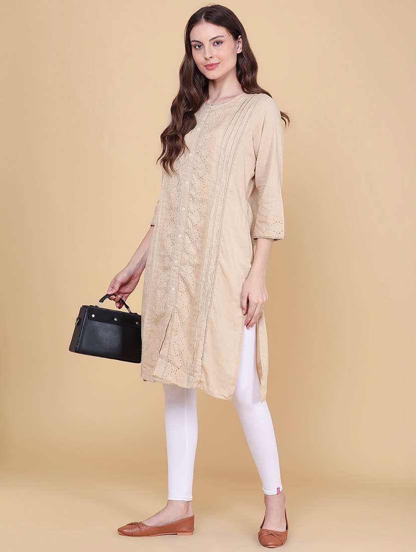 Women Solid With Work Three Quarter Sleeve Straight Kurta - 22400666 -  Standard Image - 5