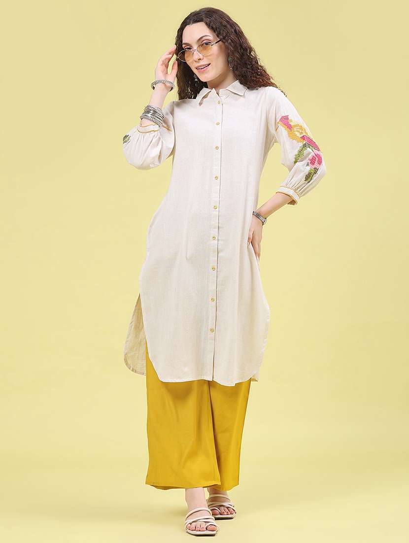 women embroidered three quarter sleeve straight kurta