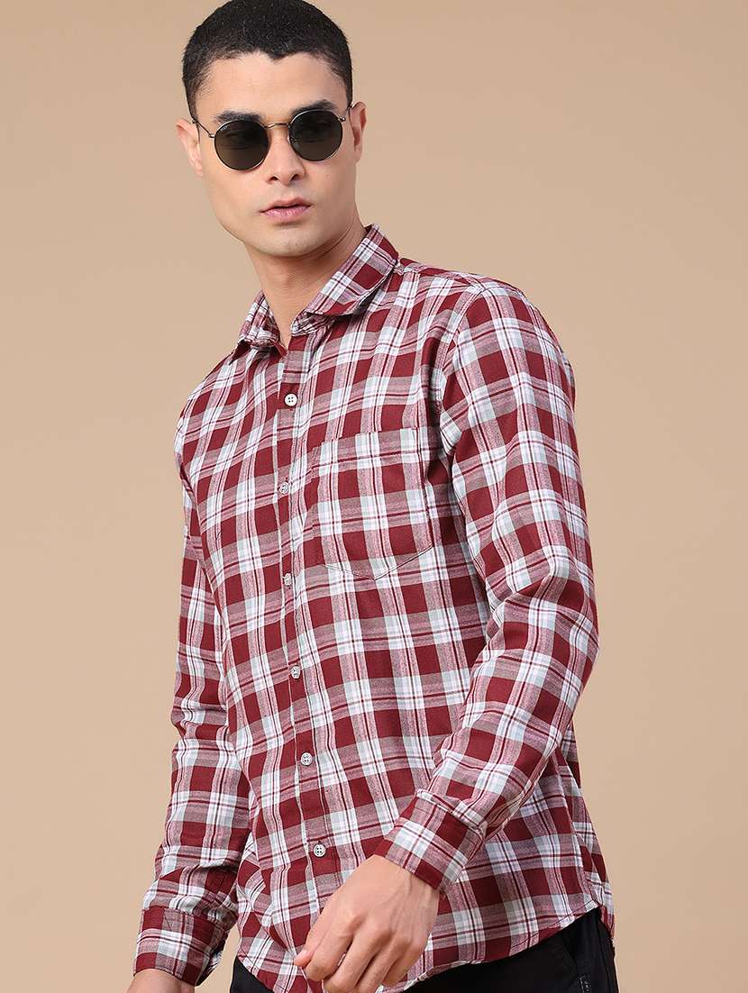 men checkered long sleeve slim fit casual shirt