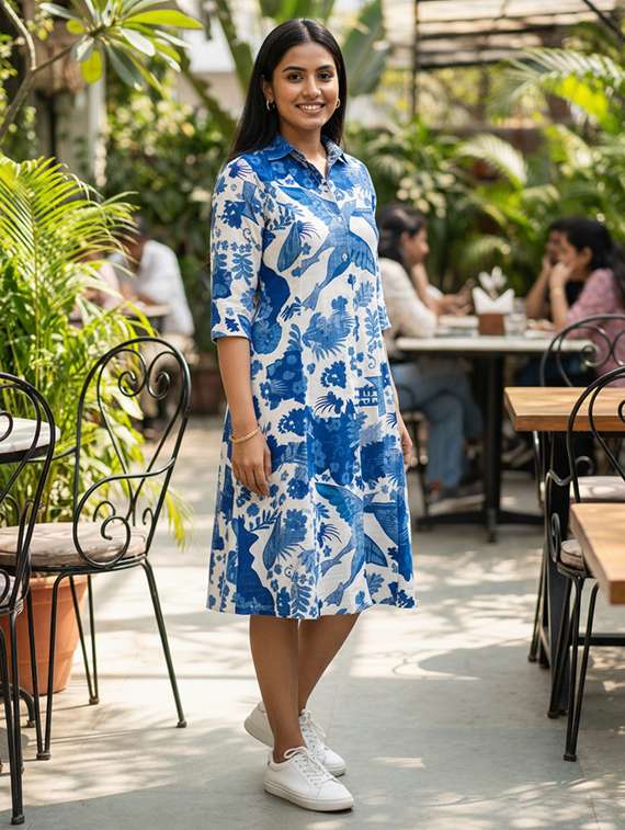 women printed three quarter sleeve a-line dress - 22400948 -  Standard Image - 3