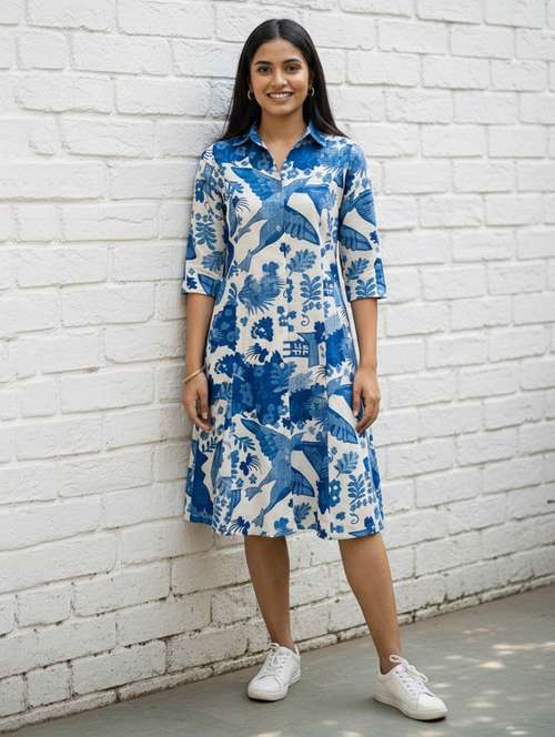 Women Printed Collared Three Quarter Sleeve Shirt Dress