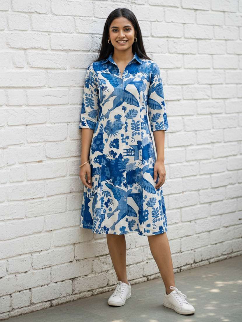 women printed collared three quarter sleeve shirt dress