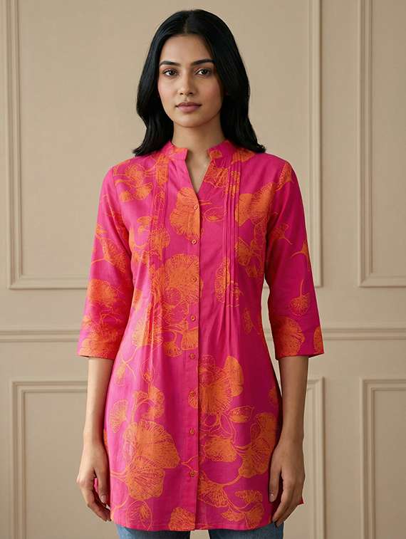 women printed three quarter sleeve straight kurti