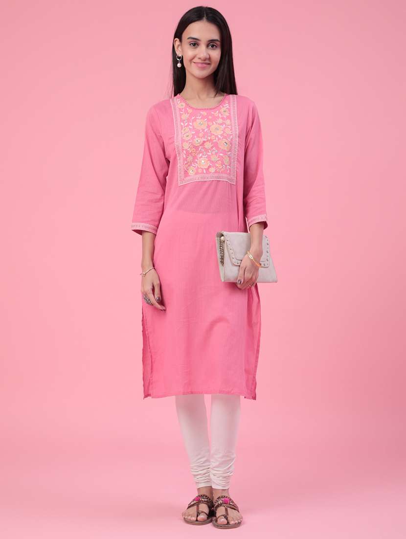 women embroidered three quarter sleeves kurta