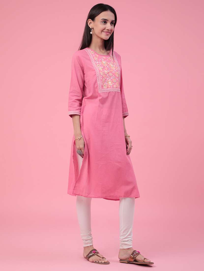 women embroidered three quarter sleeves kurta - 22401129 -  Standard Image - 3