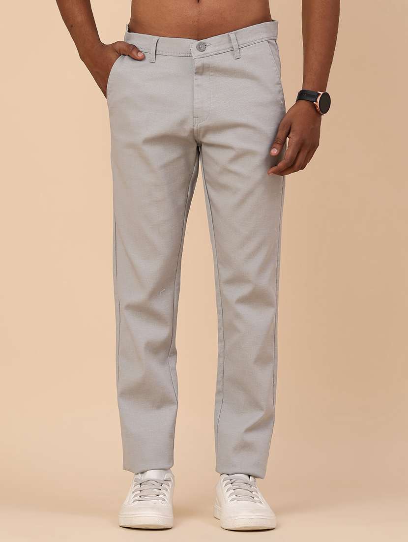 grey cotton flat front casual trousers