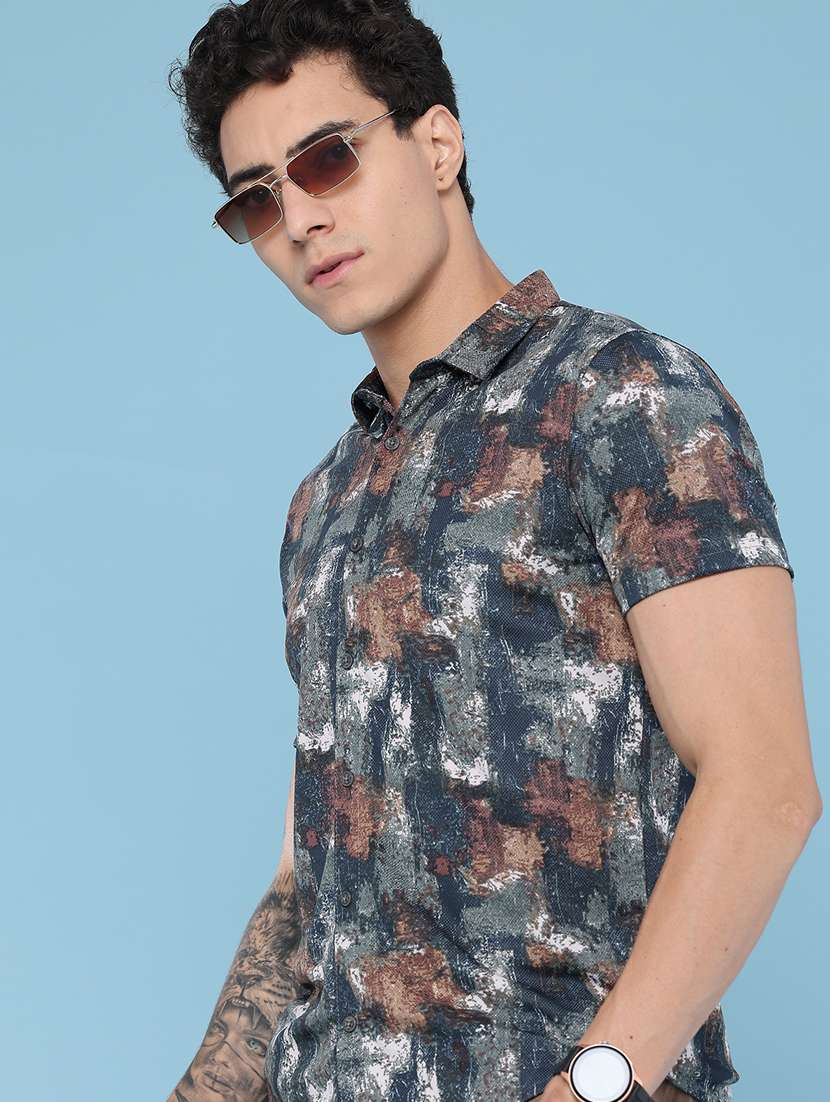 men printed short sleeve slim fit casual shirt