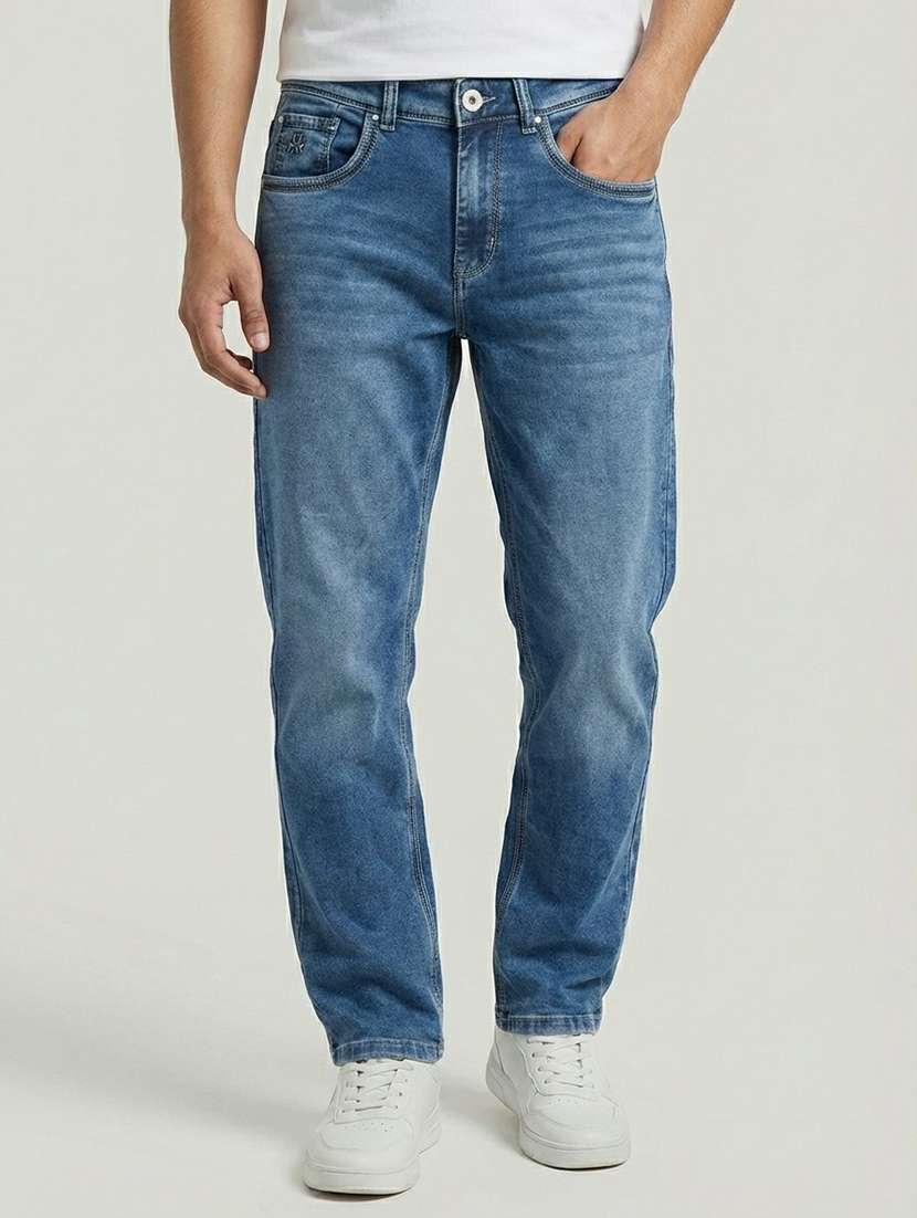 men washed mid rise full length straight fit jeans
