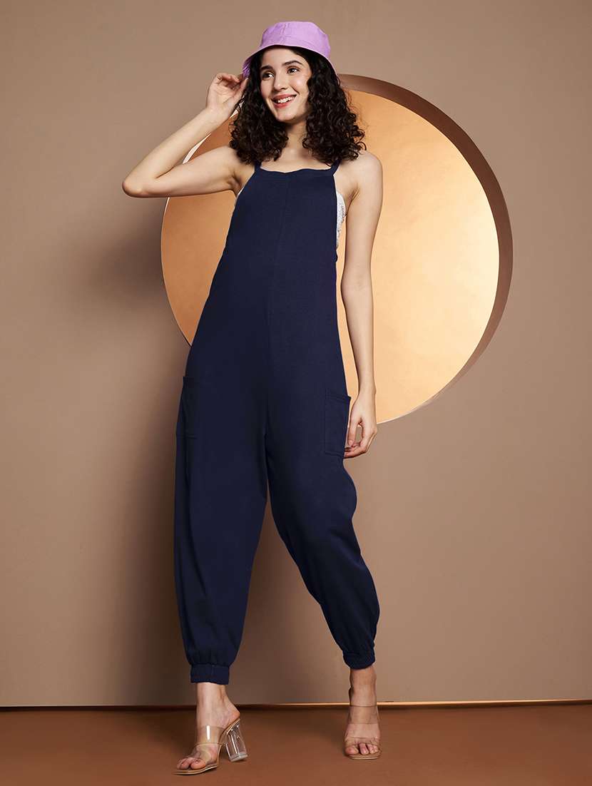 women solid shoulder strap full length jumpsuit