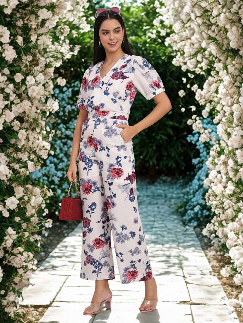 women printed short sleeves full leg jumpsuit
