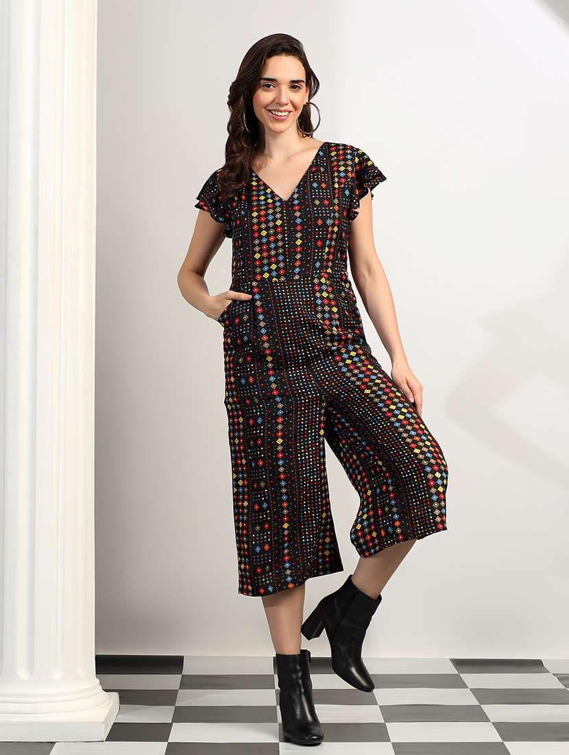 women printed short sleeves knee length jumpsuit