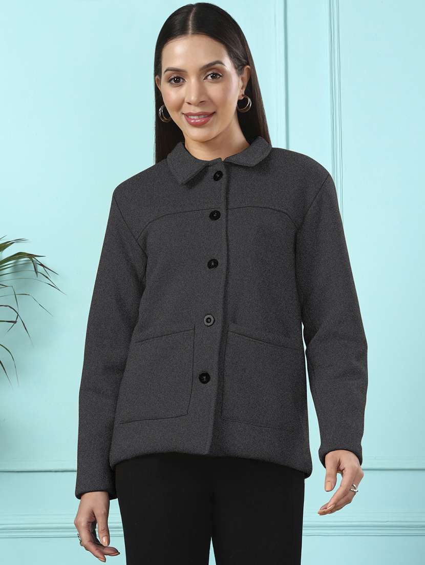 women solid long sleeves regular coat