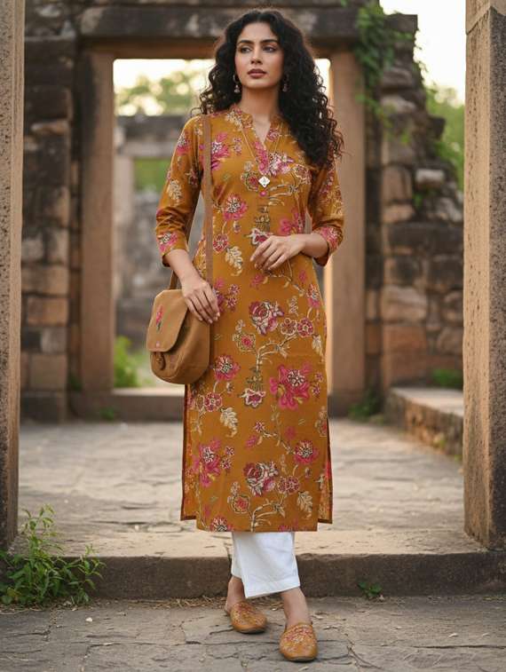 women printed three quarter sleeve straight kurta