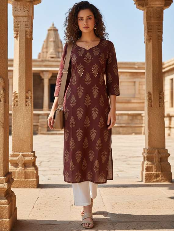 women printed three quarter sleeve straight kurta