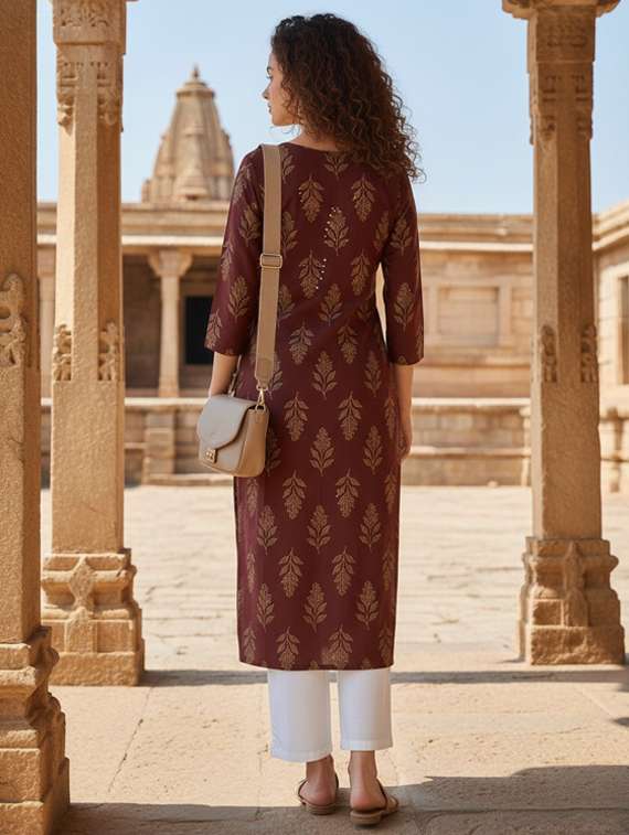 women printed three quarter sleeve straight kurta - 22401821 -  Standard Image - 3