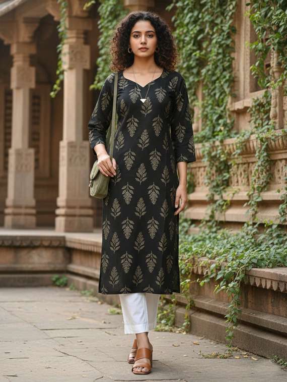 women printed three quarter sleeve straight kurta