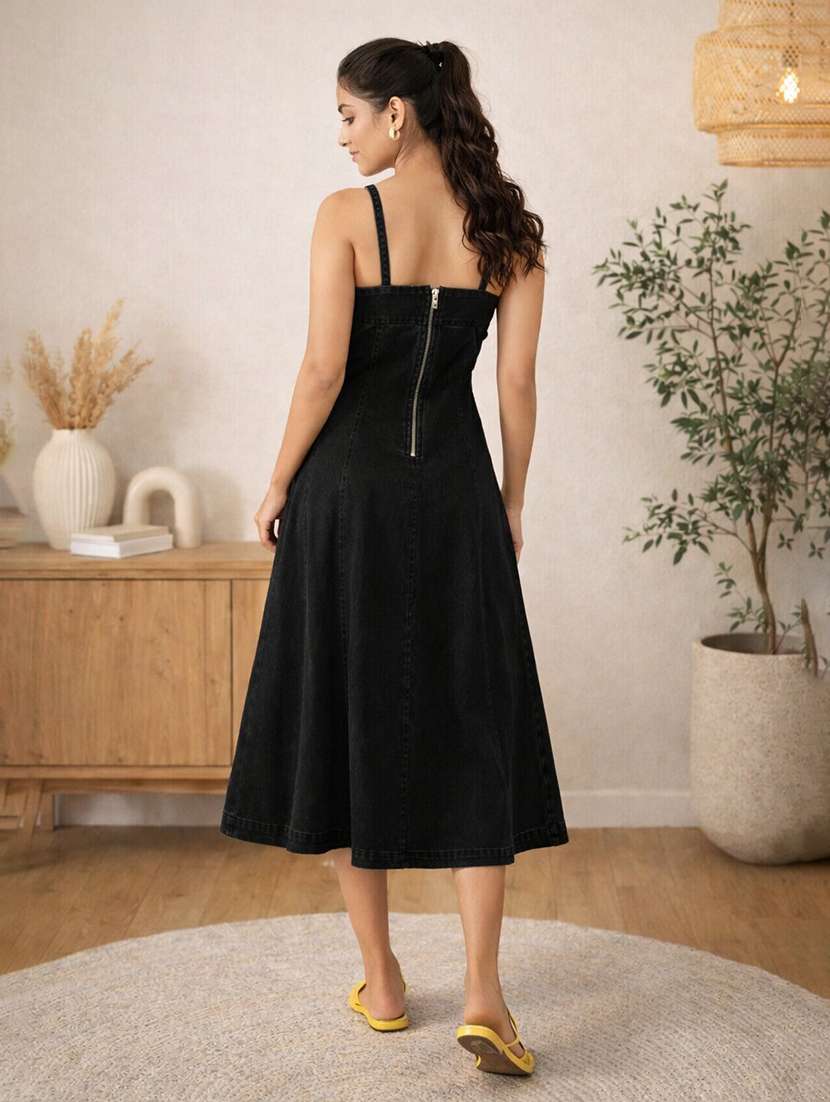 women solid shoulder strap denim fit & flare dress - 22401933 -  Standard Image - 3