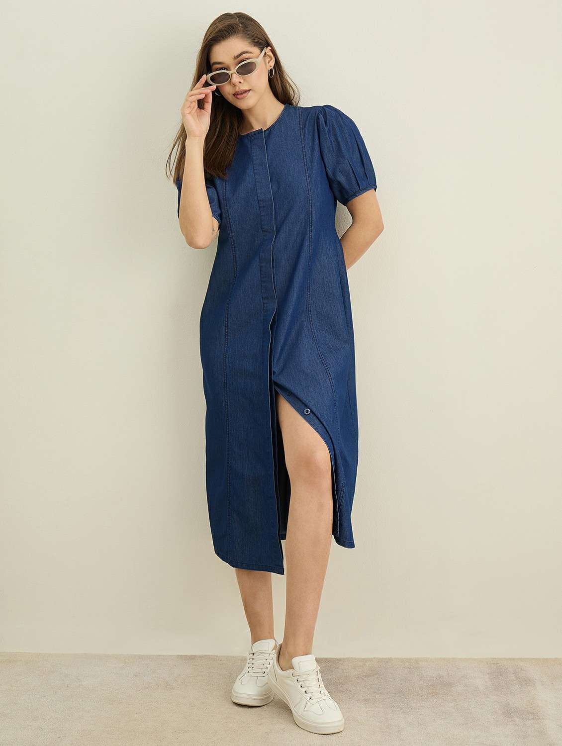 women solid puff sleeve denim a-line dress