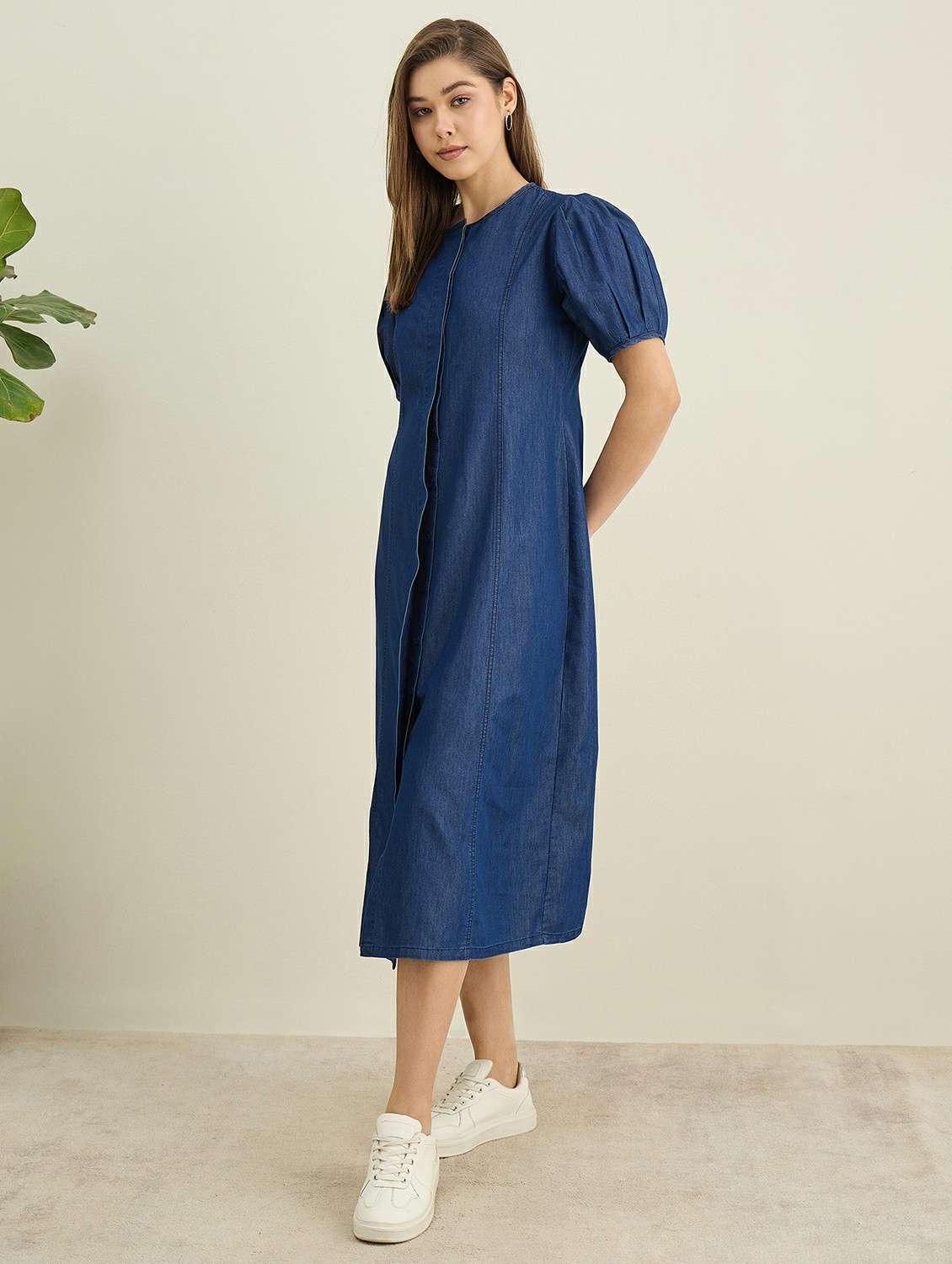 women solid puff sleeve denim a-line dress - 22401934 -  Standard Image - 3