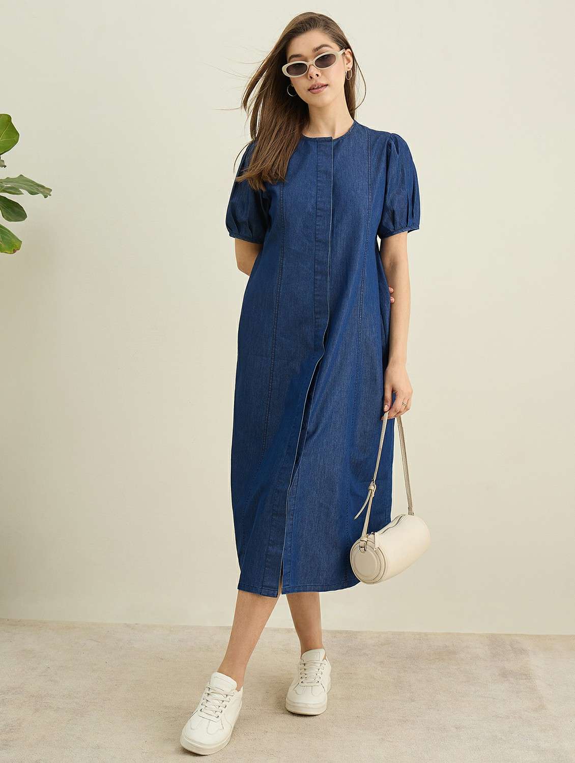 women solid puff sleeve denim a-line dress - 22401934 -  Standard Image - 5