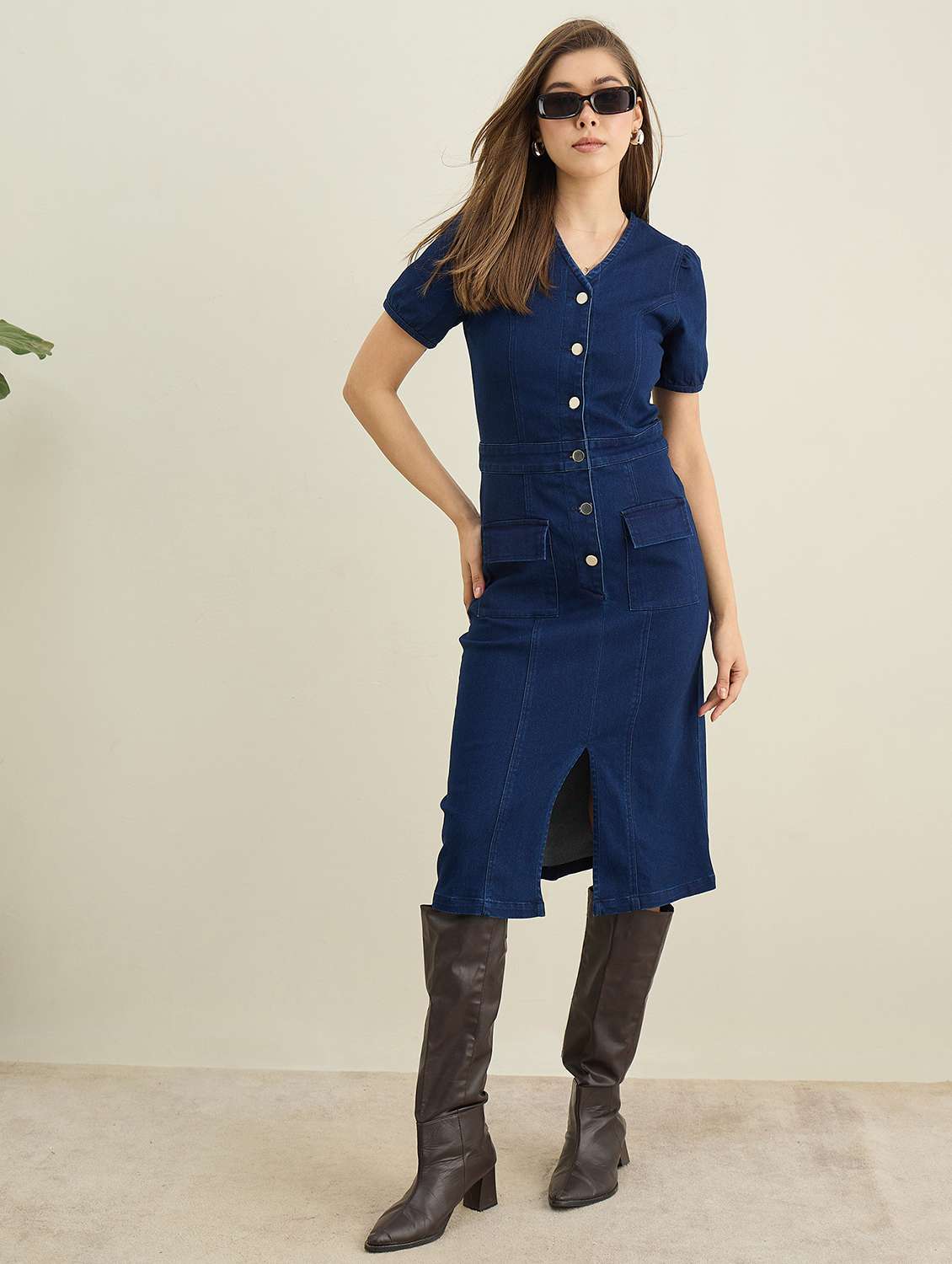 women solid puff sleeve denim bodycon dress