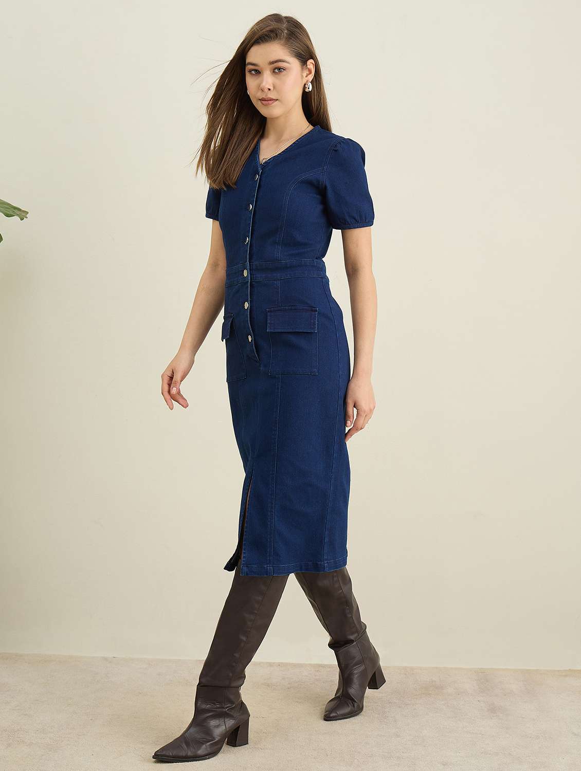 women solid puff sleeve denim bodycon dress - 22401936 -  Standard Image - 3