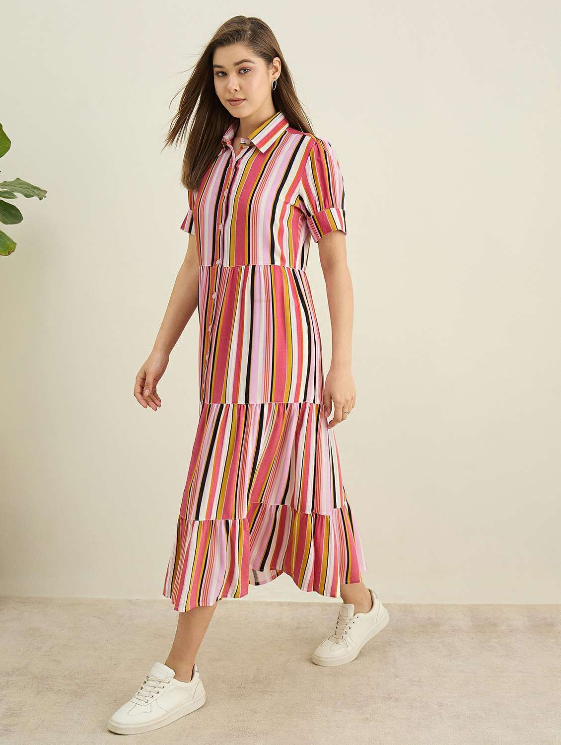 women striped collared short sleeve tiered dress - 22401937 -  Standard Image - 3