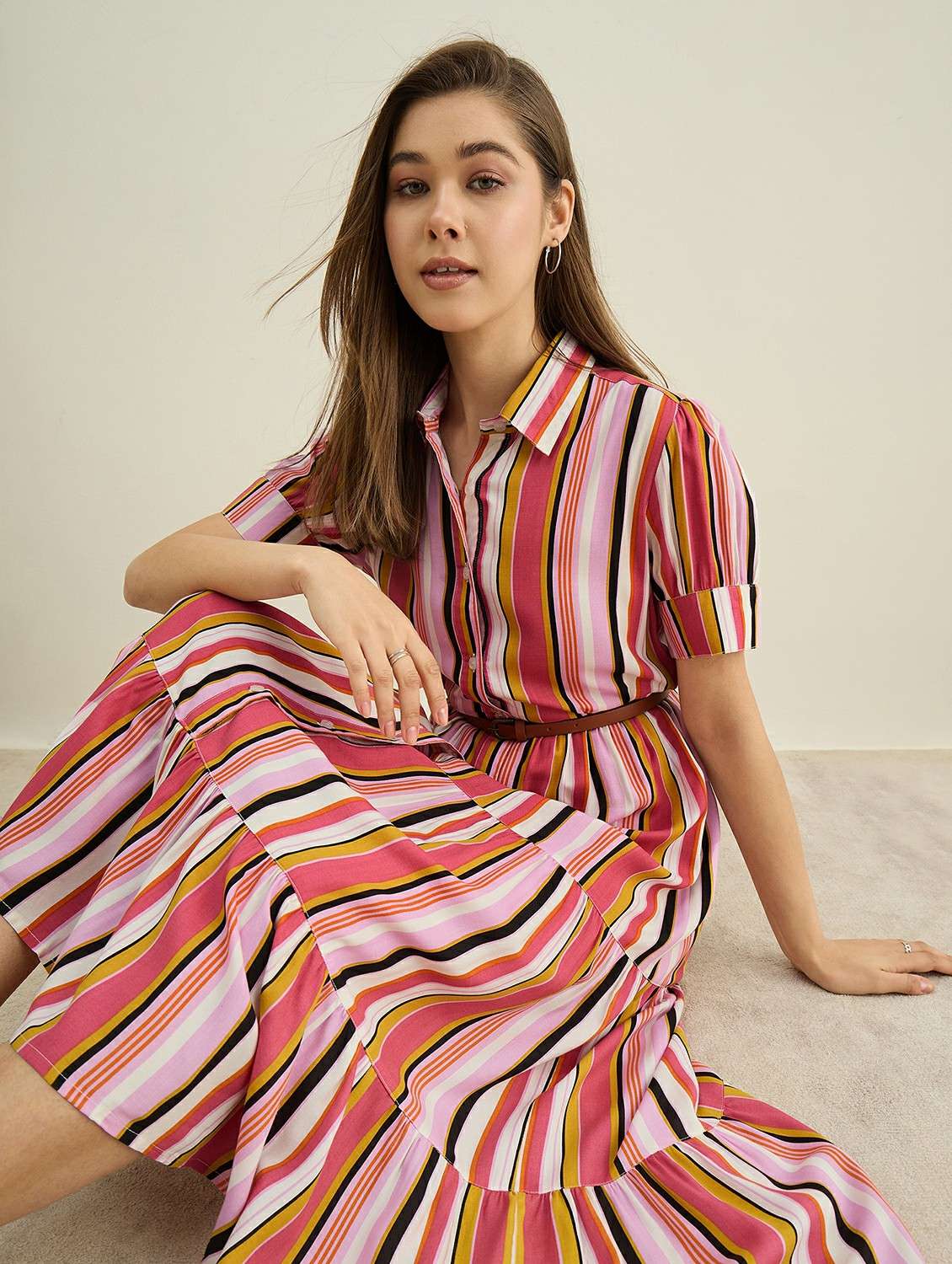 women striped collared short sleeve tiered dress - 22401937 -  Standard Image - 5