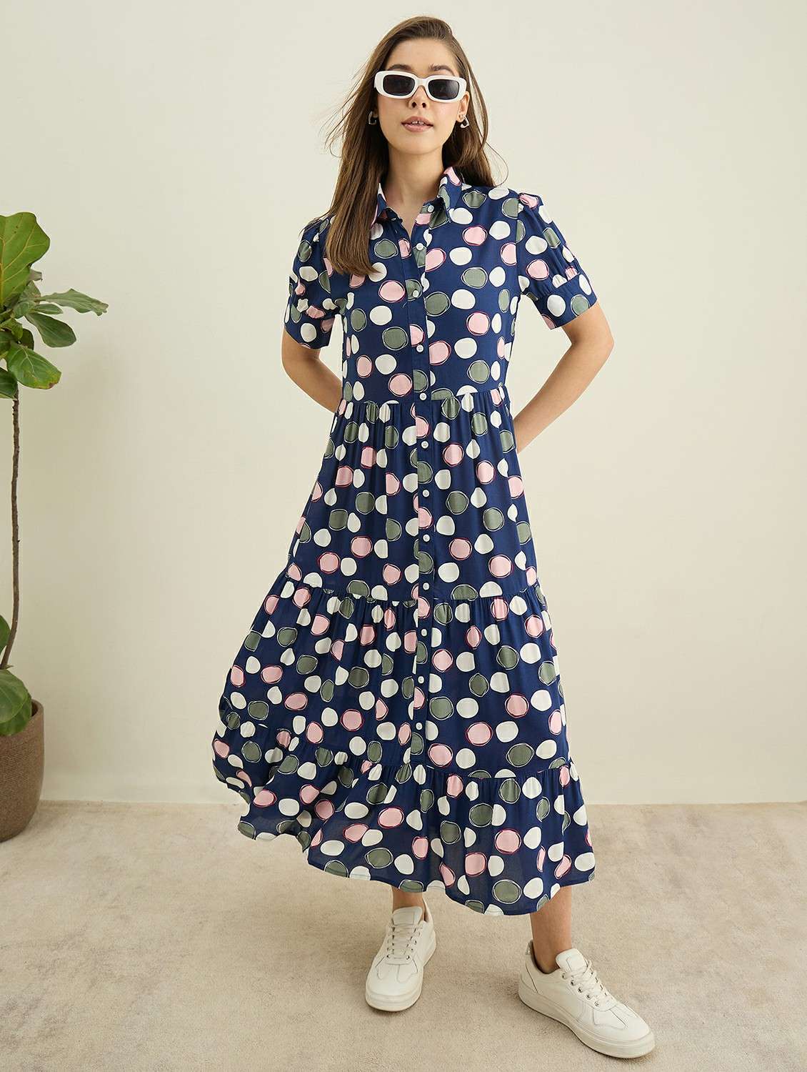 women printed collared puff sleleve tiered dress
