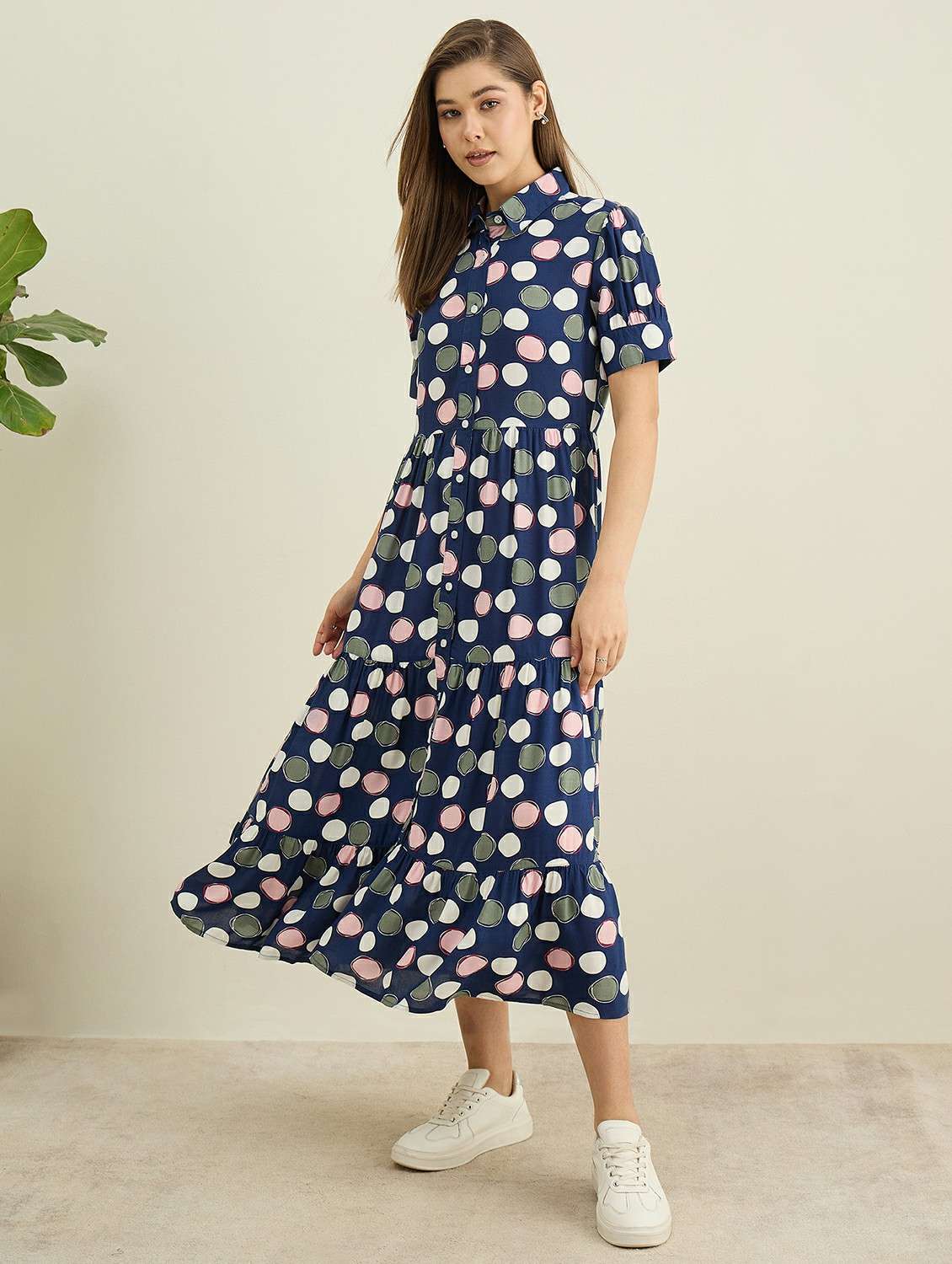 women printed collared puff sleleve tiered dress - 22401938 -  Standard Image - 3