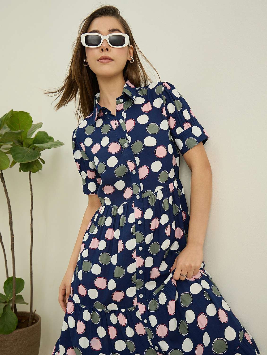 women printed collared puff sleleve tiered dress - 22401938 -  Standard Image - 5