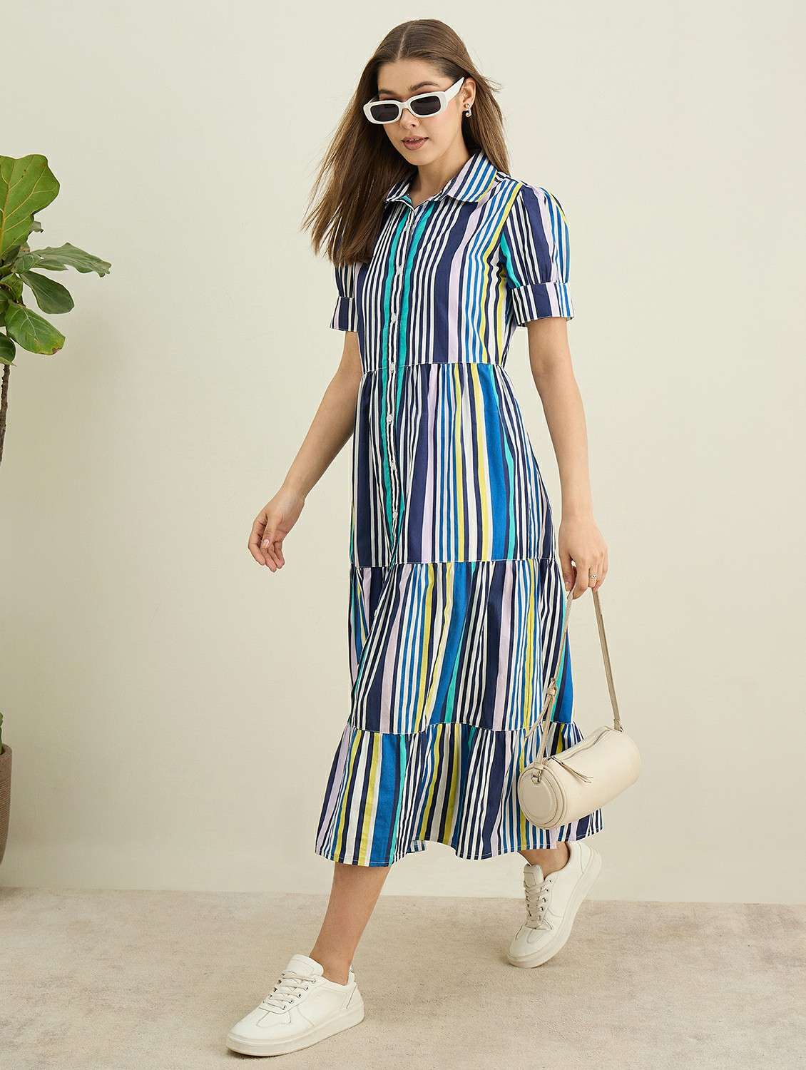 women striped collared puff sleeve tiered dress