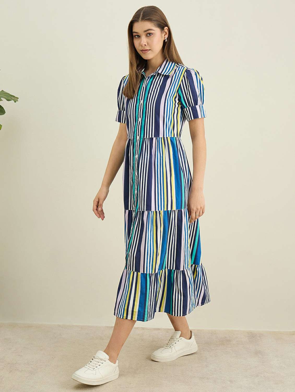 women striped collared puff sleeve tiered dress - 22401939 -  Standard Image - 3