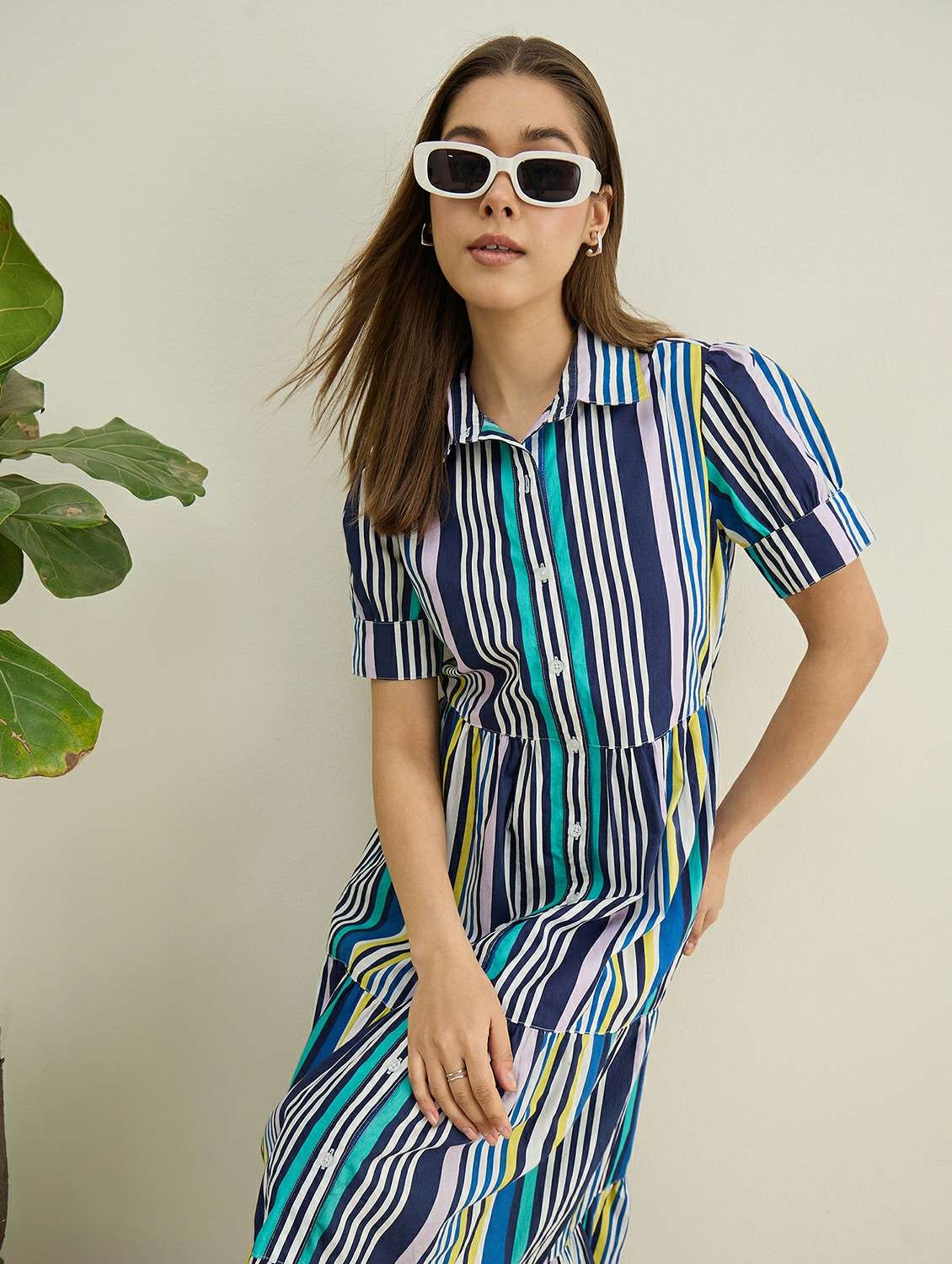 women striped collared puff sleeve tiered dress - 22401939 -  Standard Image - 5