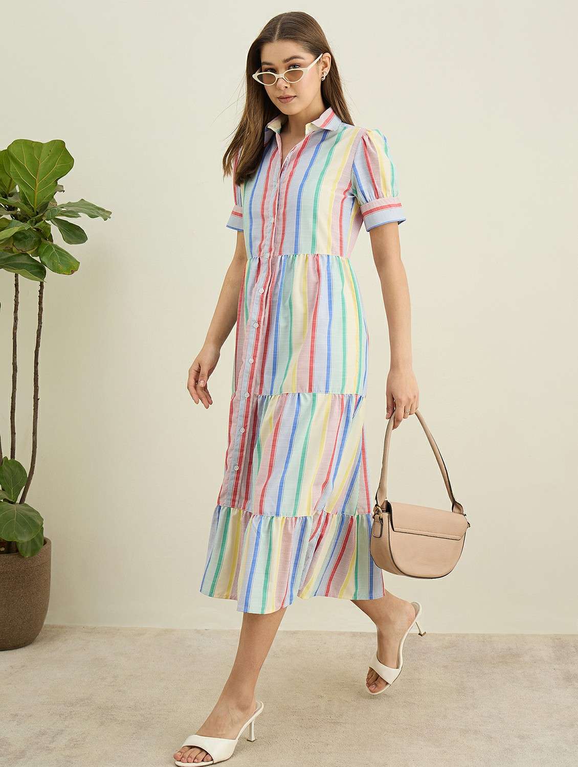 women striped collared puff sleeve tiered dress