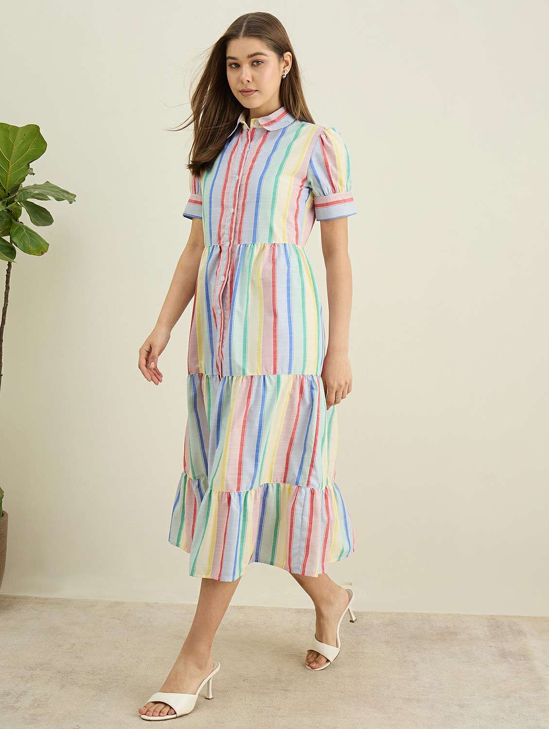 women striped collared puff sleeve tiered dress - 22401940 -  Standard Image - 3
