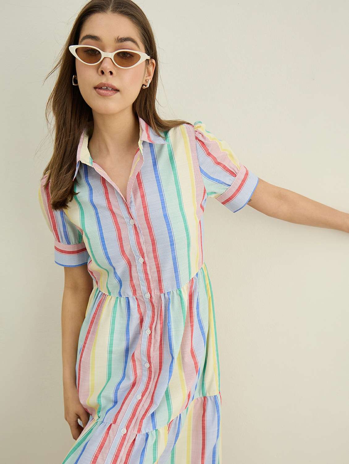 women striped collared puff sleeve tiered dress - 22401940 -  Standard Image - 5