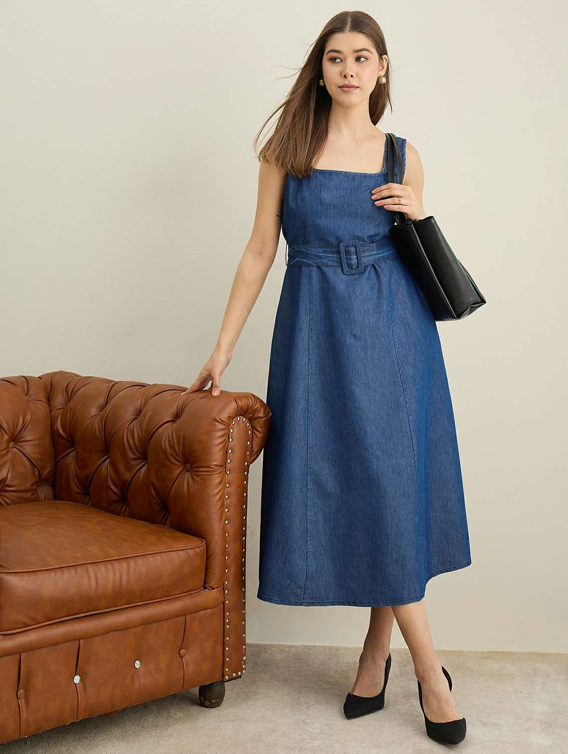 women solid sleeveless denim a-line dress
