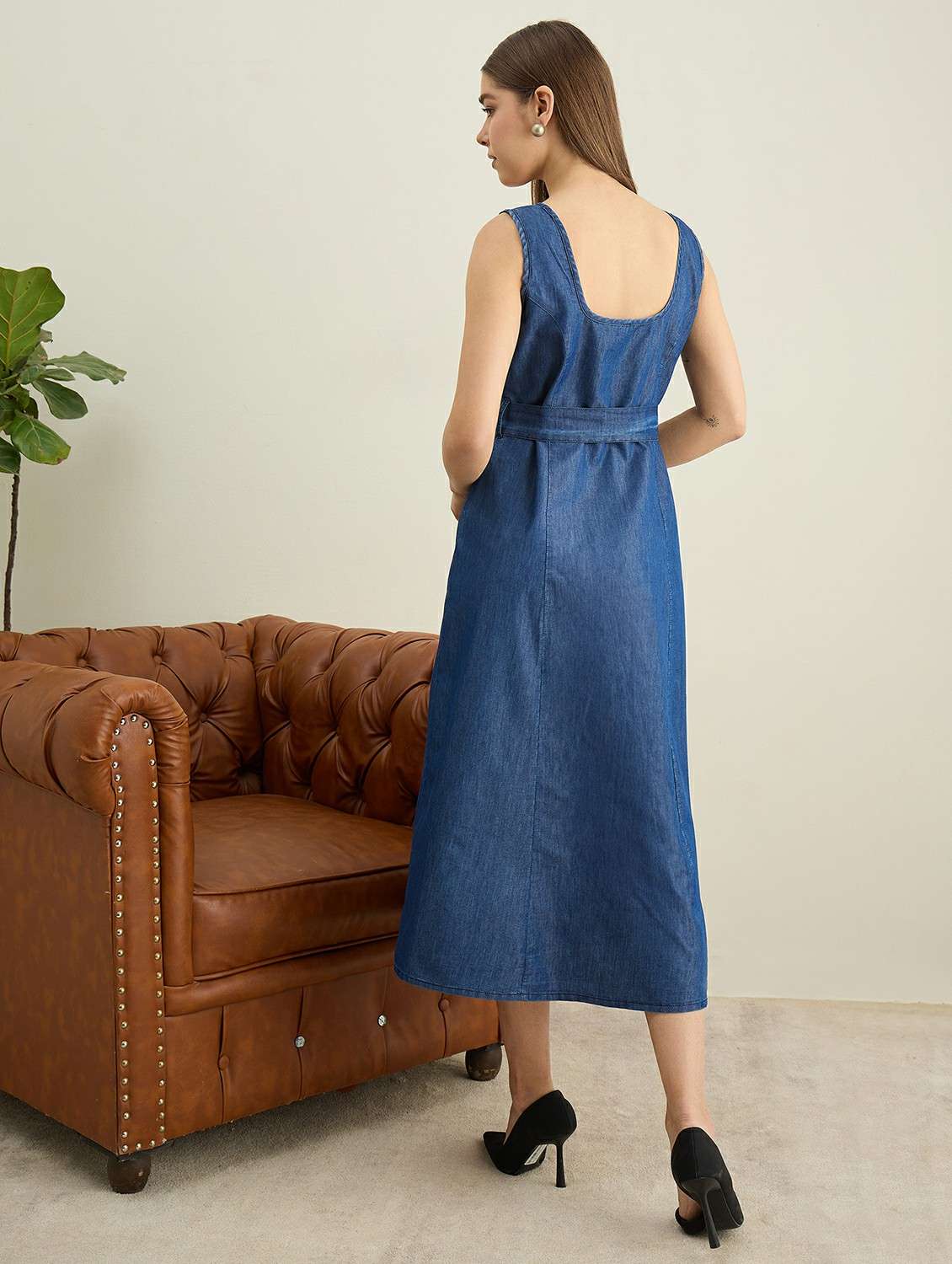 women solid sleeveless denim a-line dress - 22401941 -  Standard Image - 3