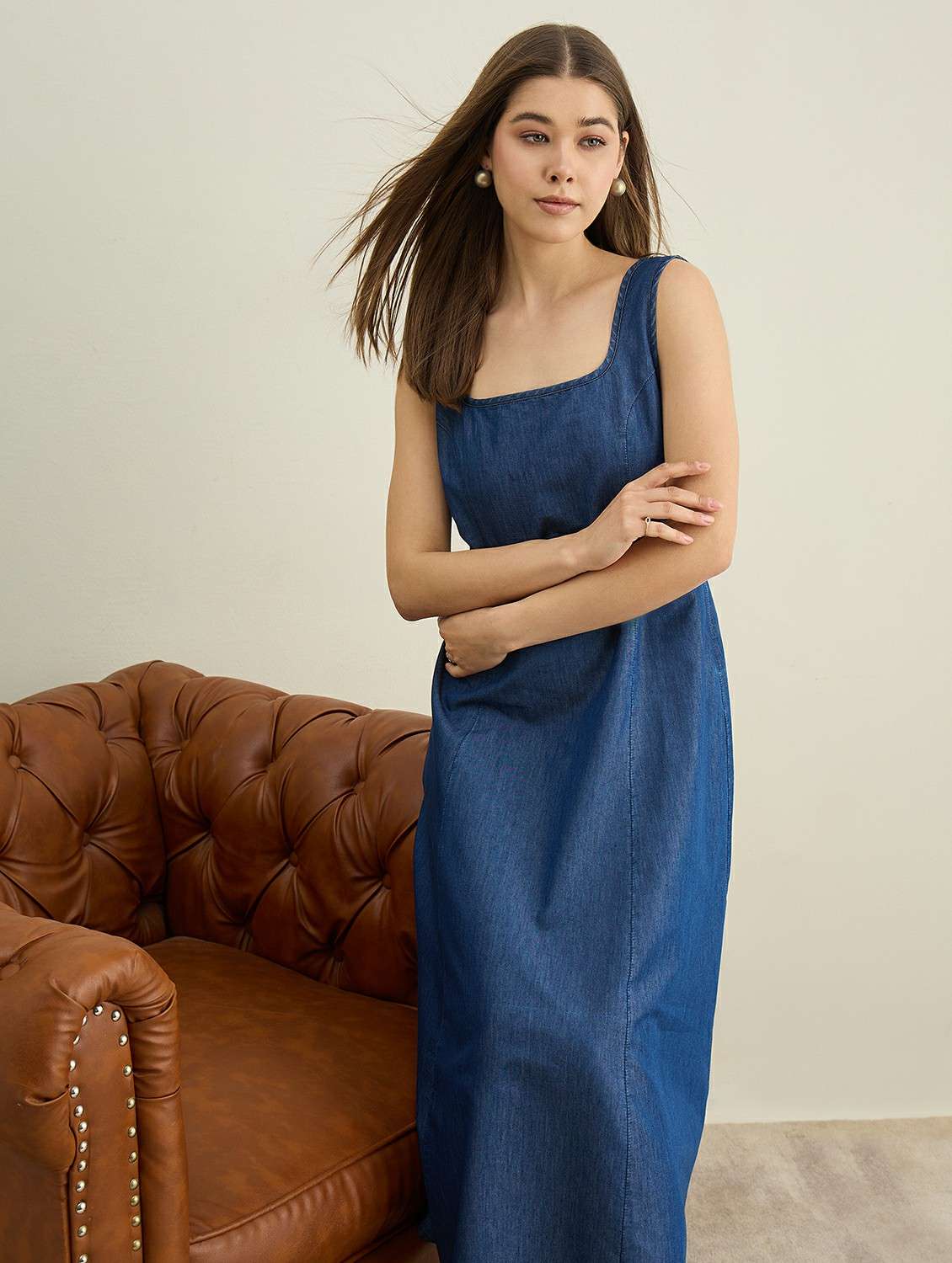 women solid sleeveless denim a-line dress - 22401941 -  Standard Image - 5