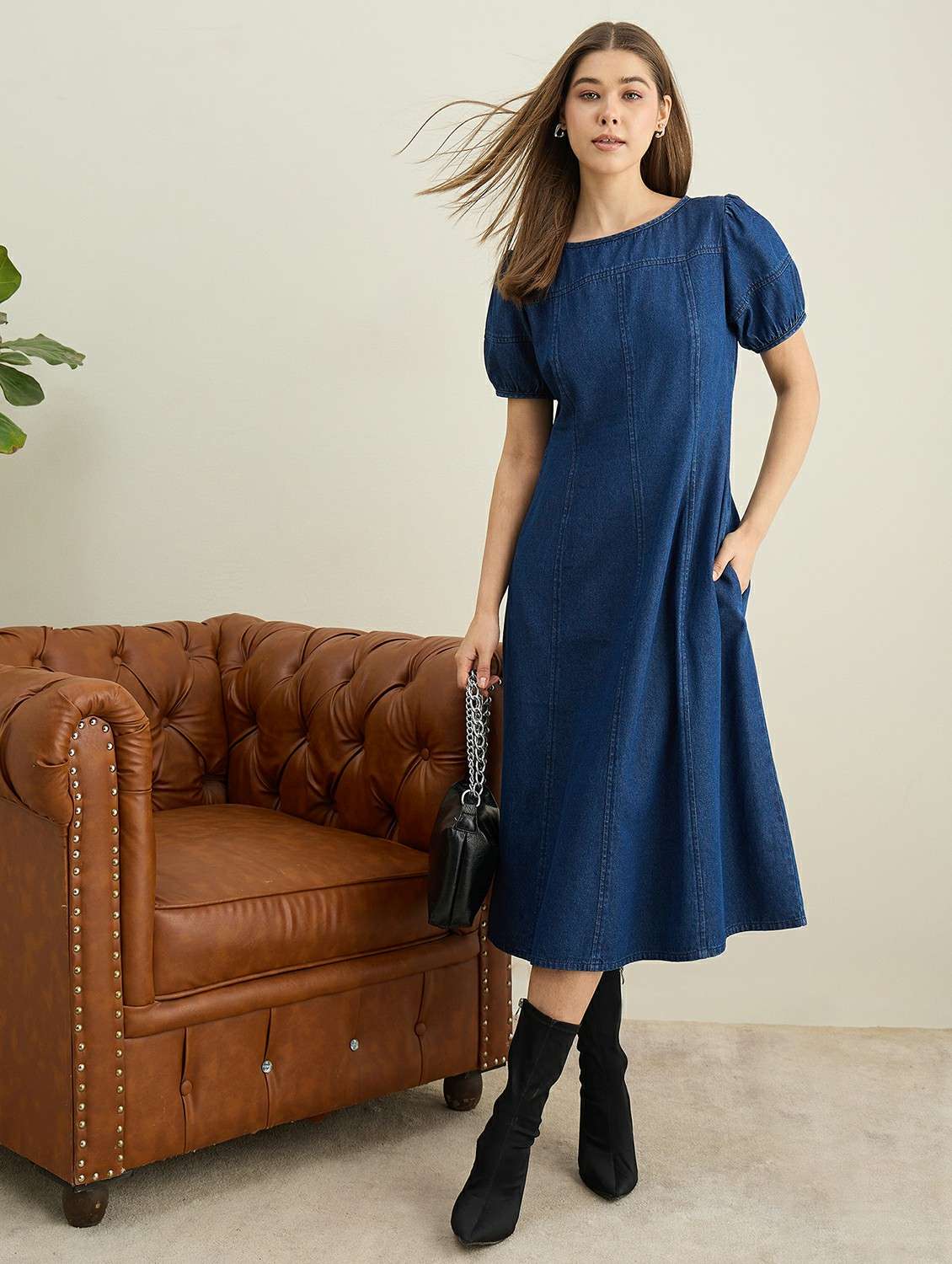 women solid puff sleeve denim fit & flare dress