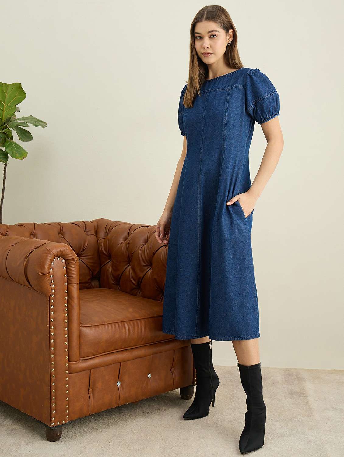 women solid puff sleeve denim fit & flare dress - 22401942 -  Standard Image - 3