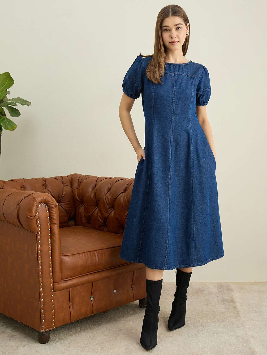 women solid puff sleeve denim fit & flare dress - 22401942 -  Standard Image - 5