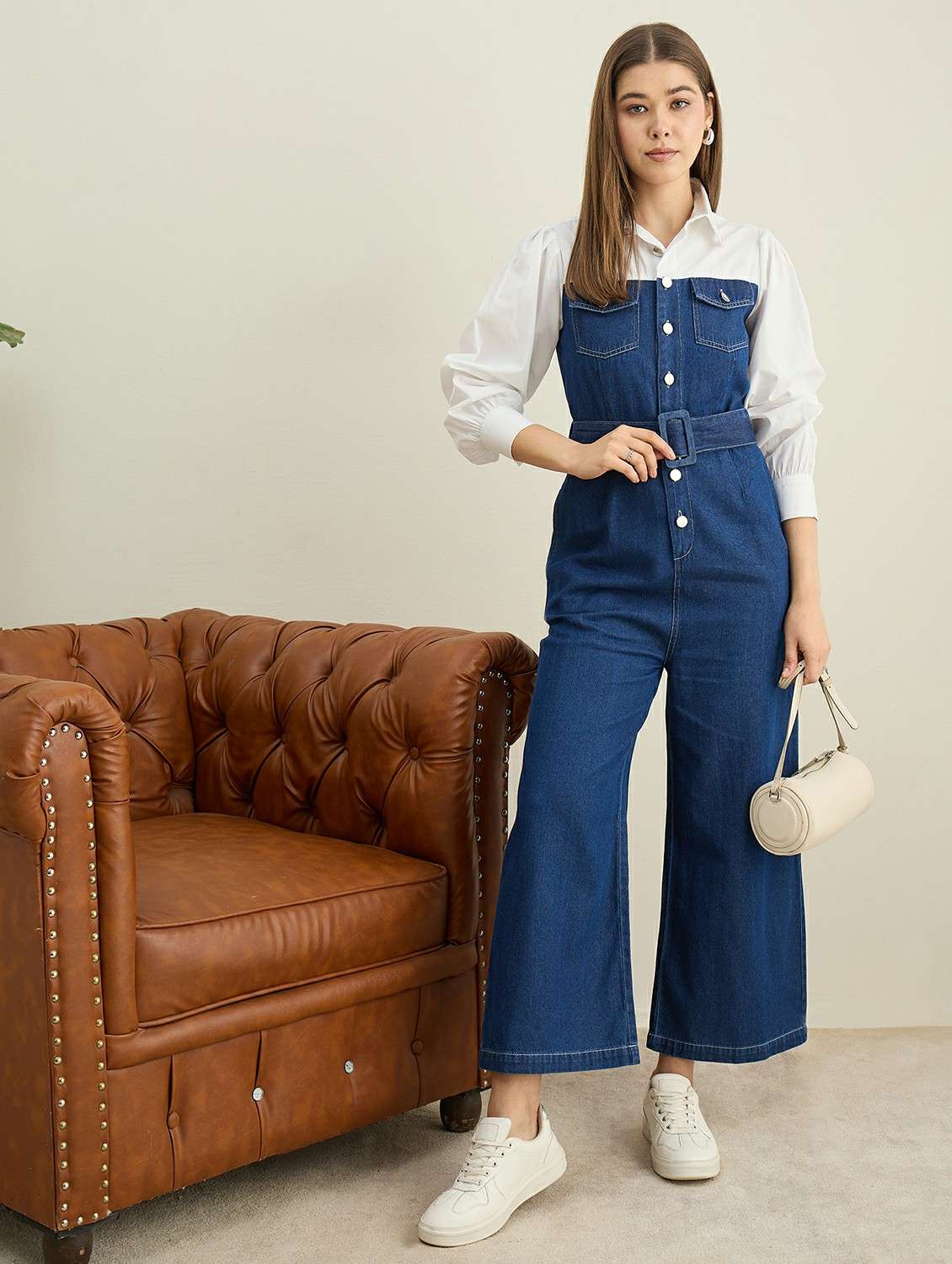 women solid collared puff sleeve denim jumpsuit