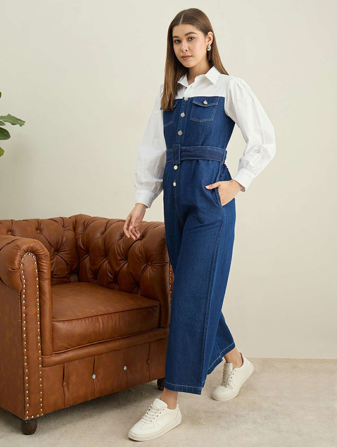 women solid collared puff sleeve denim jumpsuit - 22401944 -  Standard Image - 3