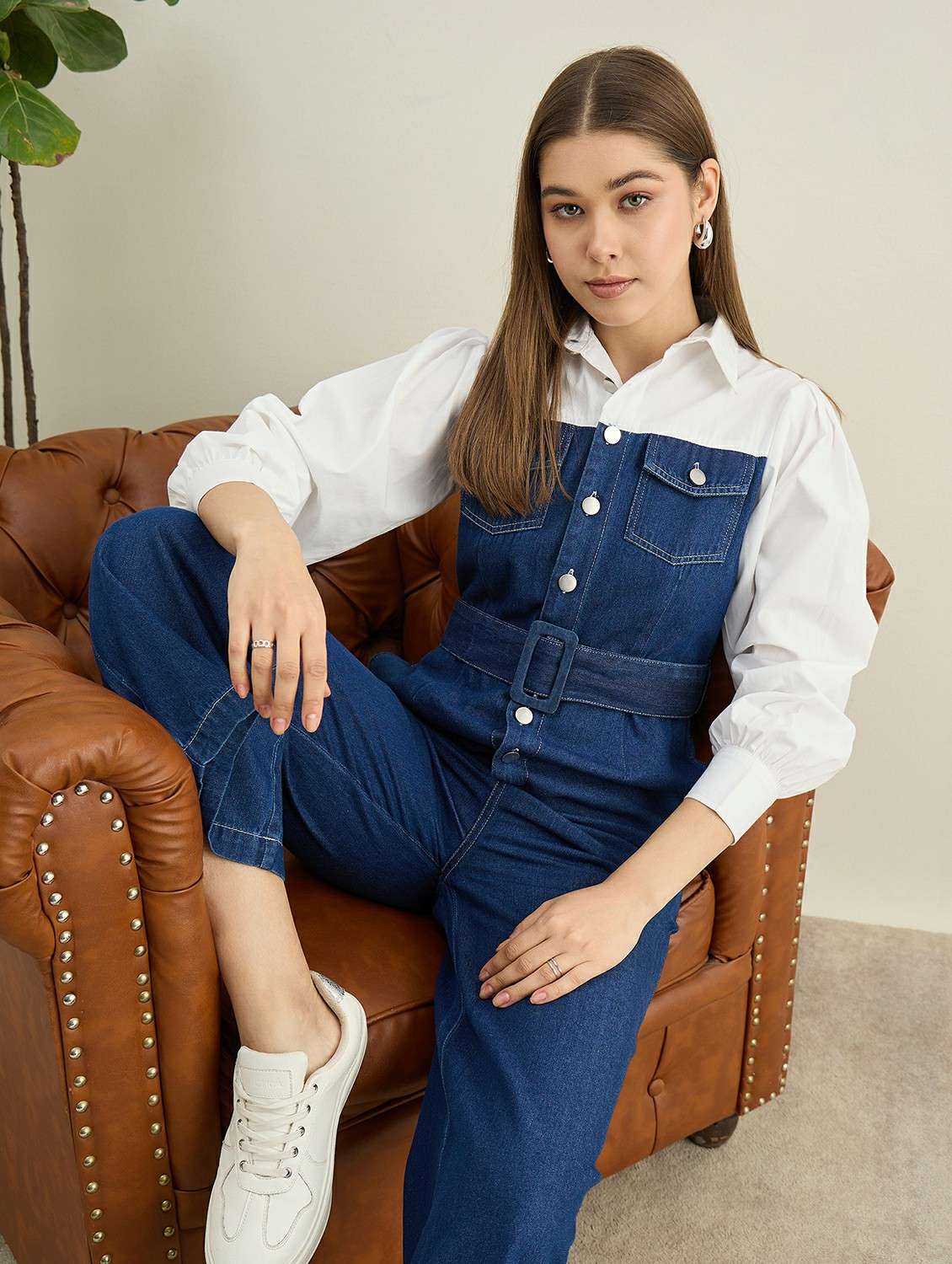 women solid collared puff sleeve denim jumpsuit - 22401944 -  Standard Image - 5