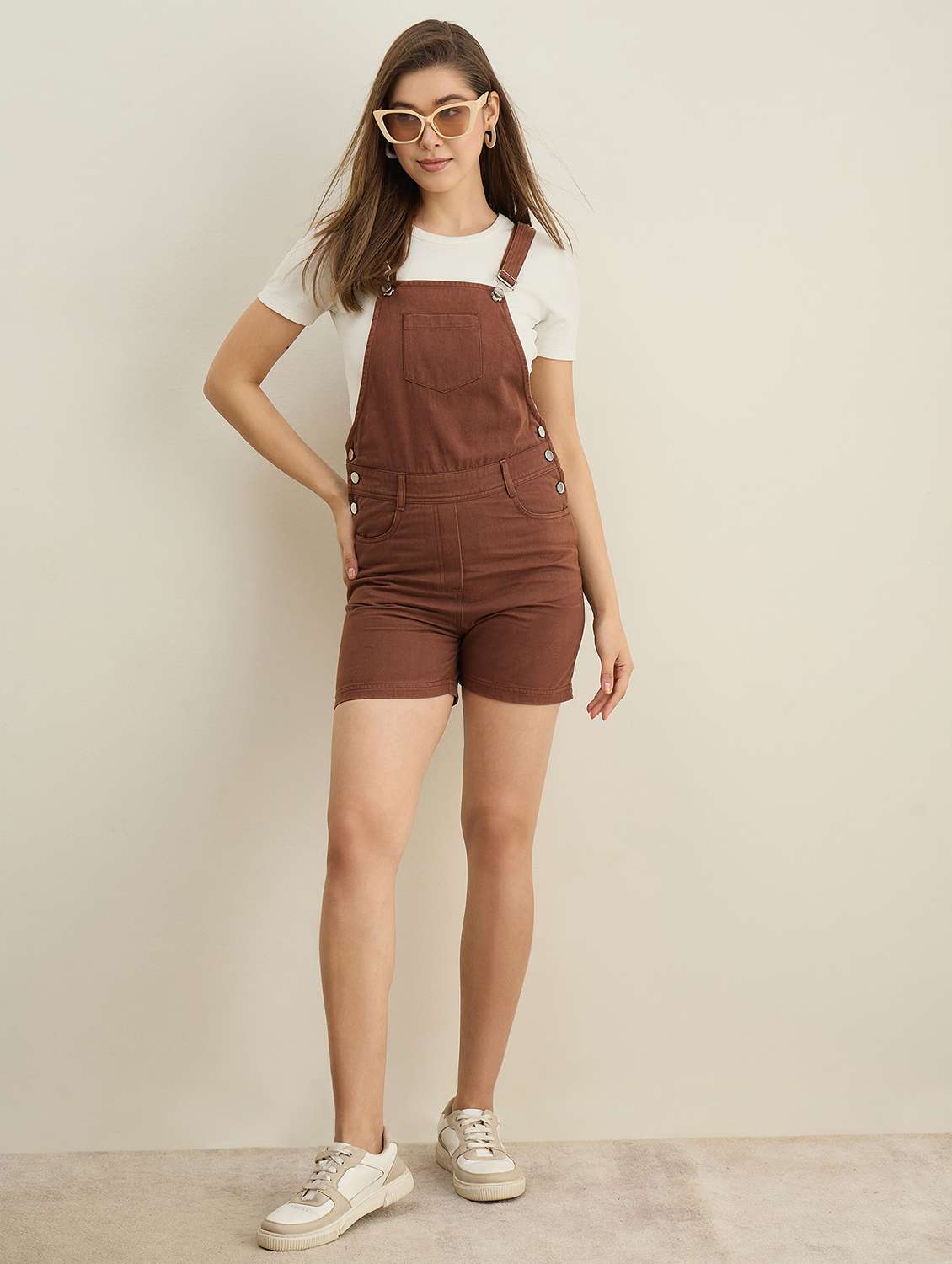 women brown solid short dungaree