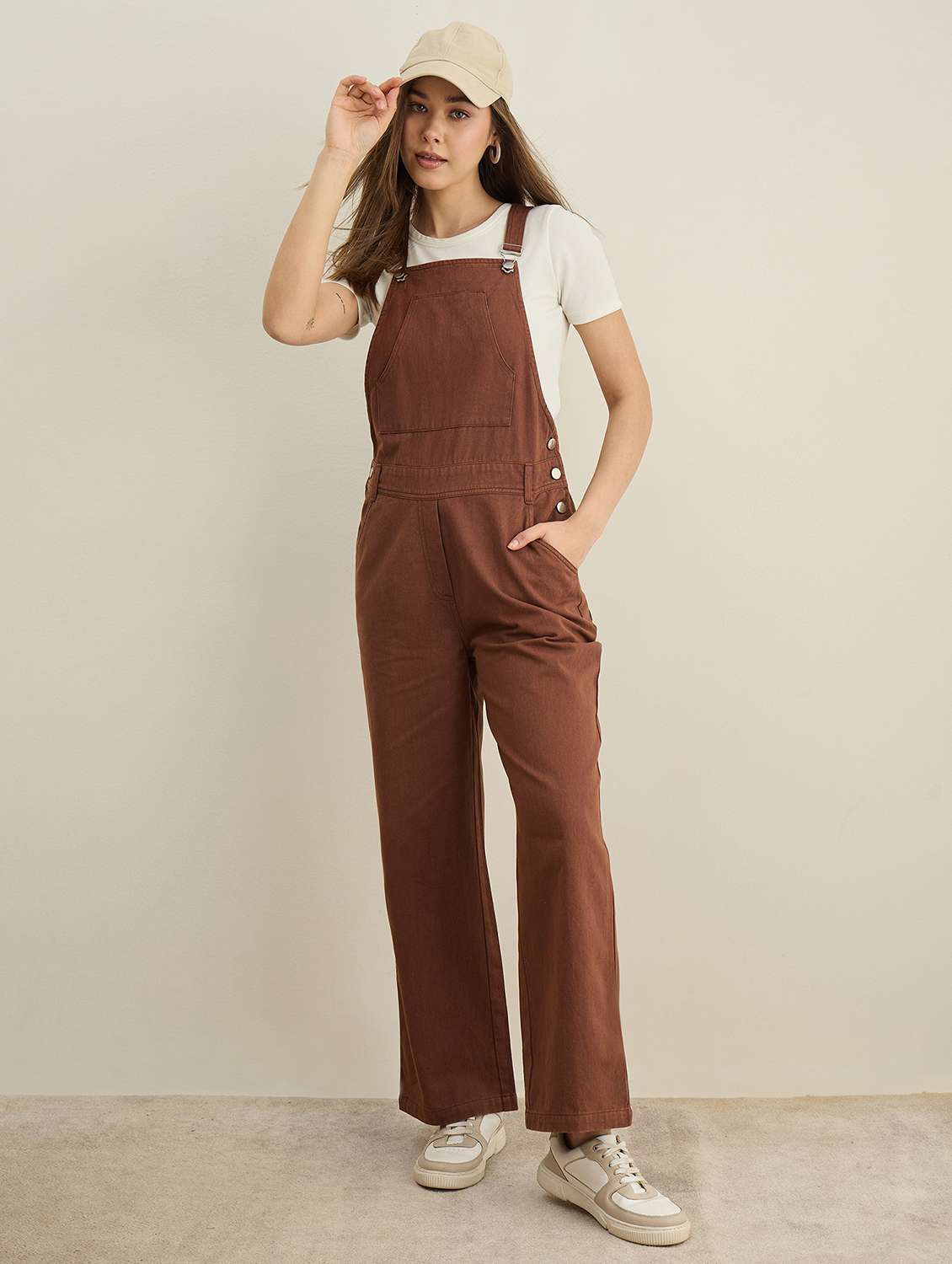 women brown solid full length dungaree