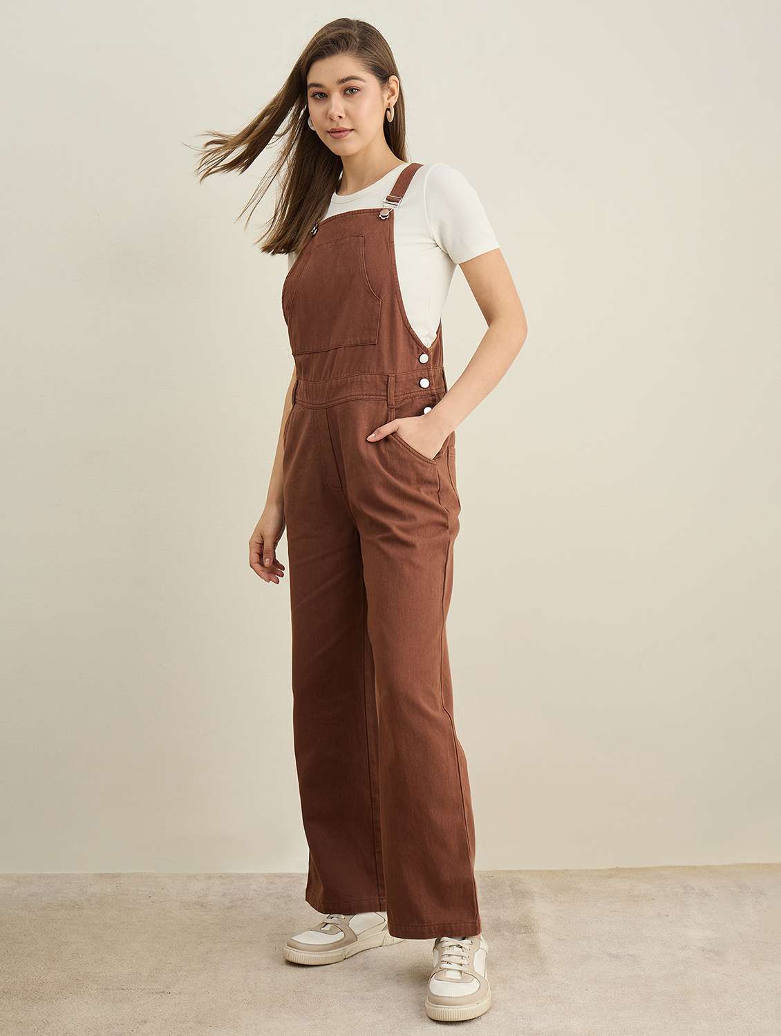 women brown solid full length dungaree - 22401946 -  Standard Image - 3