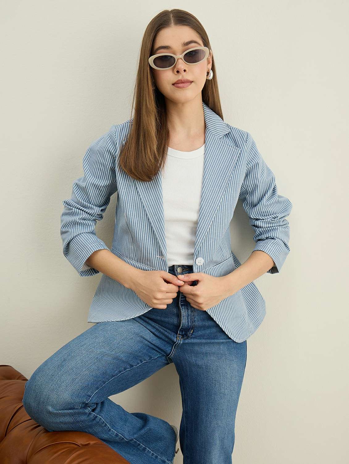 women striped long sleeve single breasted blazer